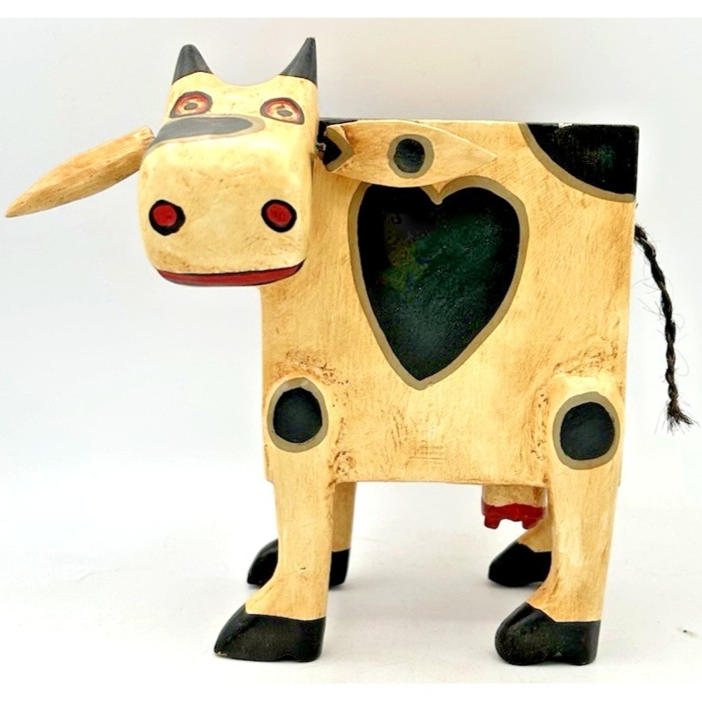 Vintage Cow Piggy Bank Hand Painted Wood Wooden 7"X7"